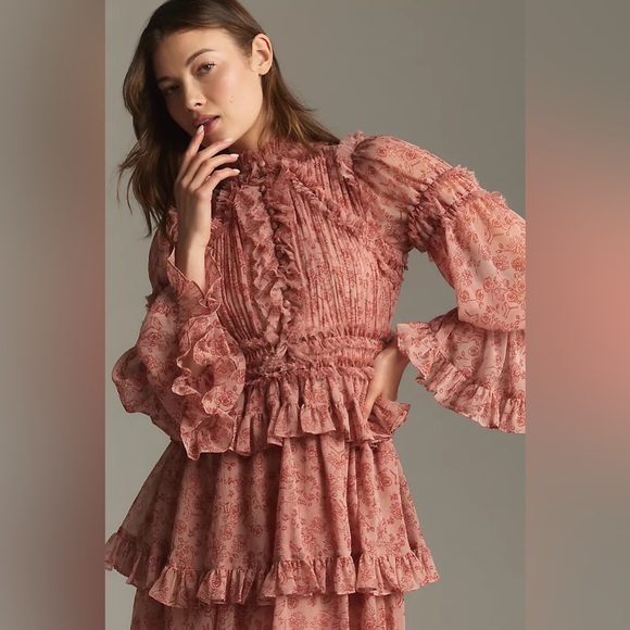 MAC DUGGALLong-Sleeve Mock-Neck Ruffled Chiffon Mini Dress Anthropologie